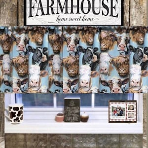 Cow Farm Valance Farmhouse Style Cow theme  Country Side Window Curtain, Valance, MOO, 43"W x 14"L, if window wider than 29", you need 2,