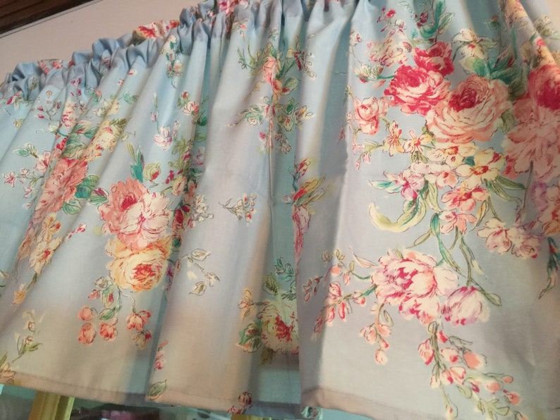 Baby Blue Valance with Pink Roses Shabby Chic Floral Window Etsy