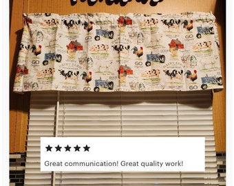 Farmhouse Country Valance, Eggs, Dairy Farm, Barn, Cow, Pig, Chickens, 42"W 14"L, Window wider than29, need 2,FREE SHIP, Gift Idea