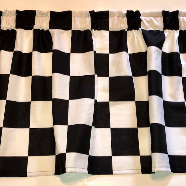 One inch Checks Valance, Checkered Flag Window Curtain Kitchen, Boys Room Valance,  Black and White 1 " Nascar Cotton Fabric Man Cave