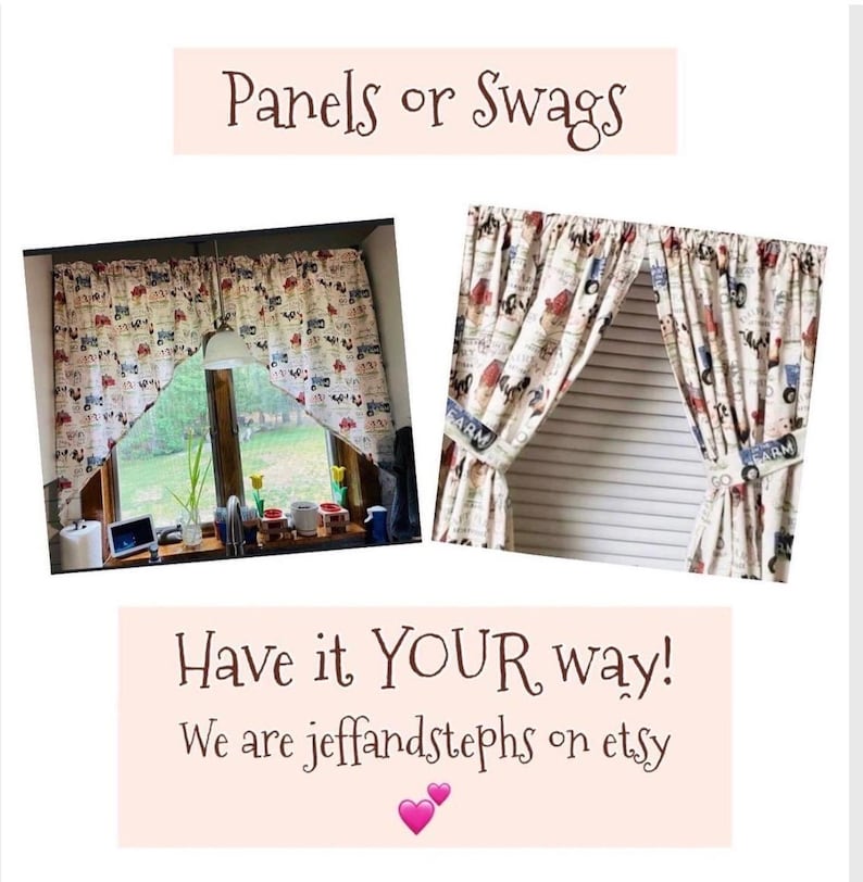 Farmhouse Lover Curtains: Pigs, Cows, Chickens, Tractor Print with Tiebacks bild 2