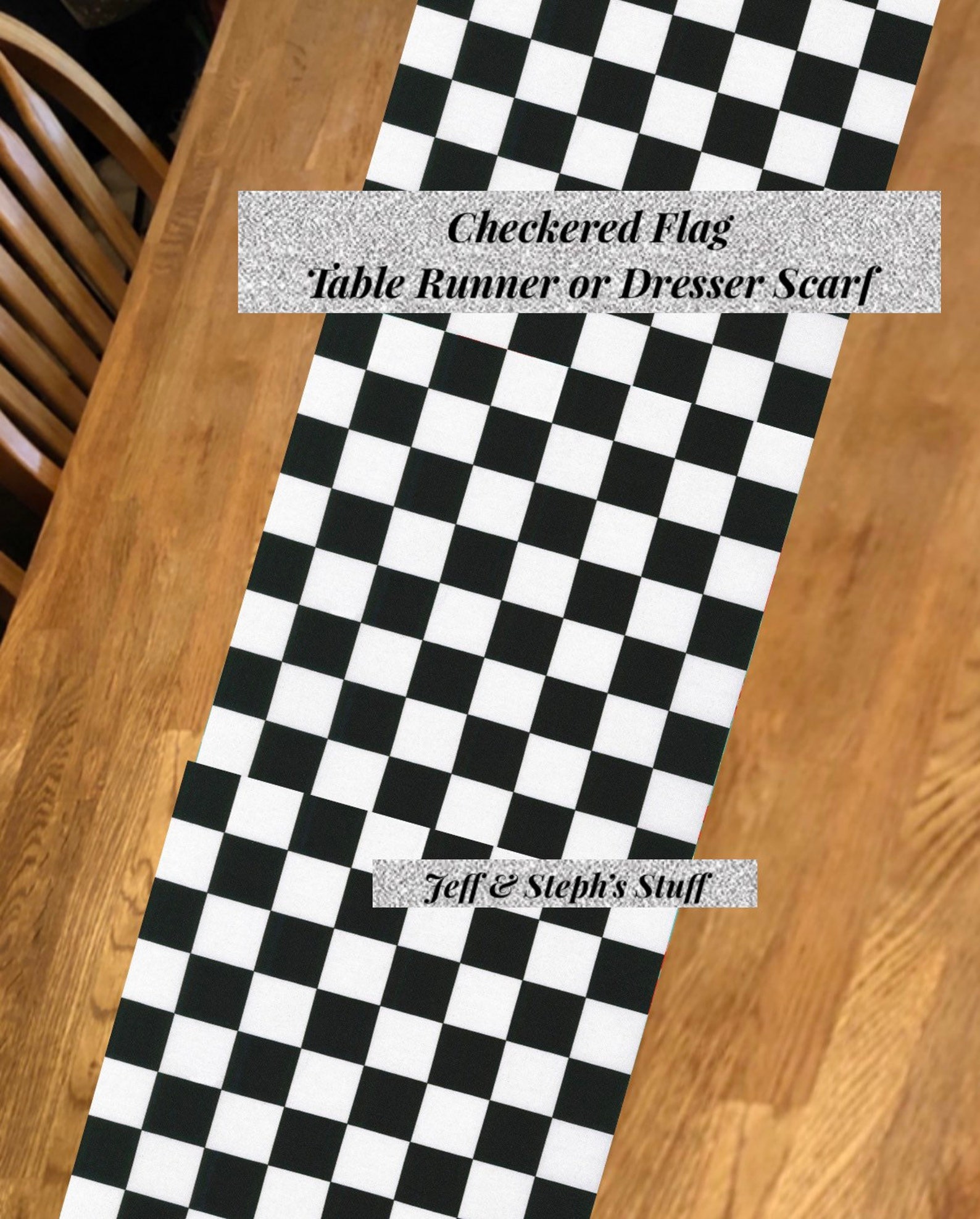 Boys Dresser Scarf Checkered Flag Table Runner Black  White Race Car 12W x40L