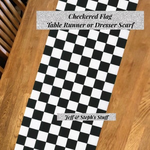 Checkered Flag Table Runner: Black & White Cotton, Race Car Party Decor (12&quot;W x40&quot;L)