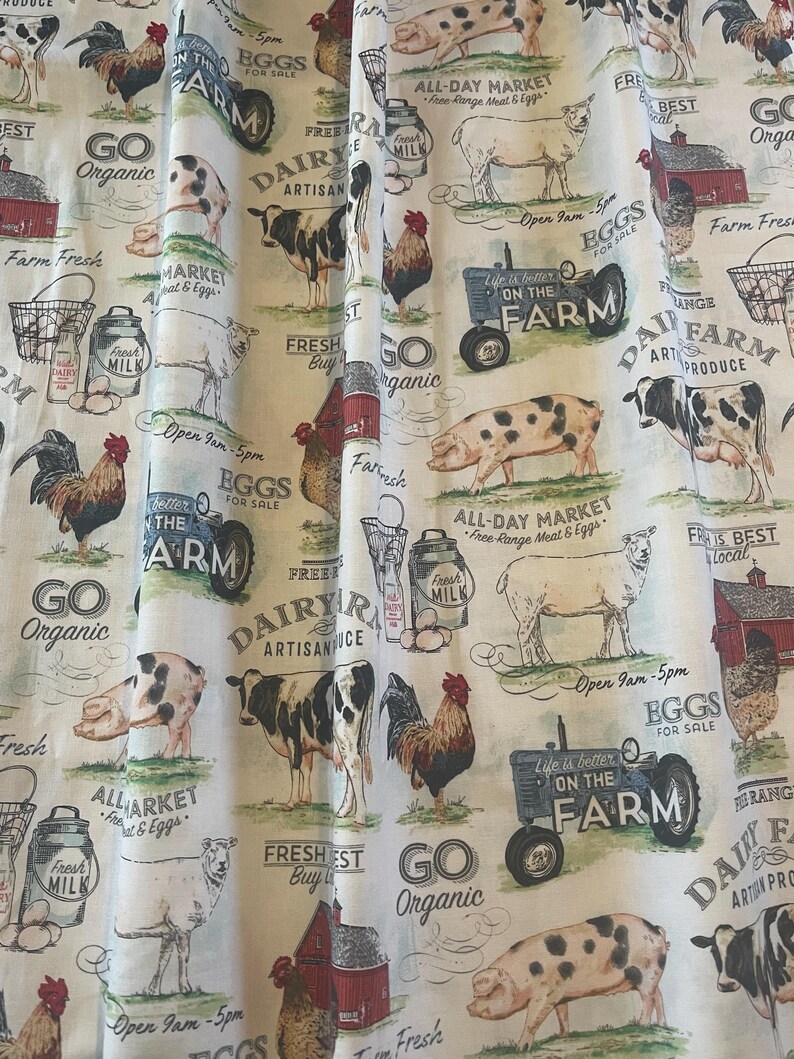 Farmhouse Lover Curtains: Pigs, Cows, Chickens, Tractor Print with Tiebacks bild 15