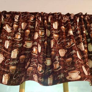 Coffee Lover Valance, Chocolate Brown, Java Cappuccino Mocha Espresso, Coffee Cup 43W x 14L Window Curtain Valance, Gift idea, free ship image 1