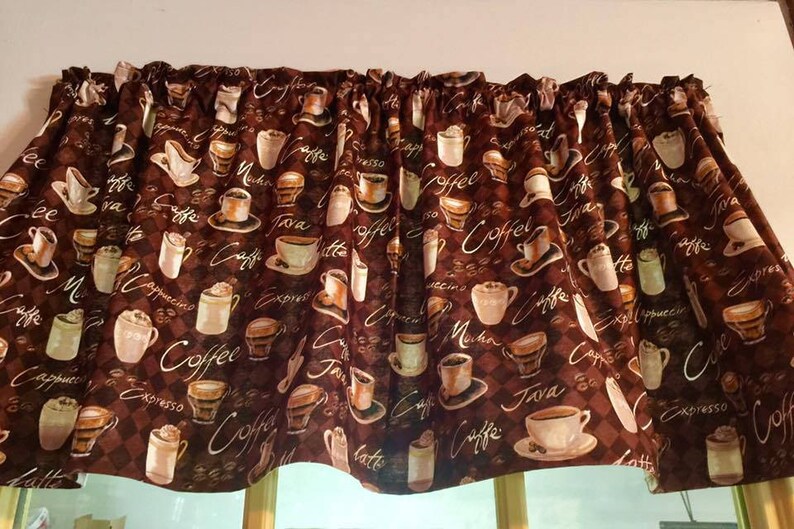 Coffee Lover Valance, Chocolate Brown, Java Cappuccino Mocha Espresso, Coffee Cup 43W x 14L Window Curtain Valance, Gift idea, free ship image 1