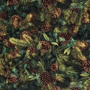 May include: A detailed illustration of a forest scene featuring pine cones and evergreen branches. The image showcases a repeating pattern of brown pine cones, green needles, and yellow-green foliage. The overall color palette is dark green, brown, and yellow.