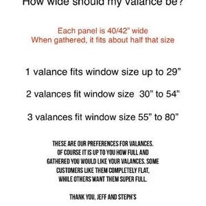 Pode incluir: Um gr&aacute;fico informativo intitulado How wide should my valance be? indicando que cada painel tem 40/42 polegadas de largura, ocupando metade ao ser franzido. Lista 1 sanefa para janelas de at&eacute; 29 polegadas, 2 de 30 a 54 e 3 de 55 a 80 polegadas.
