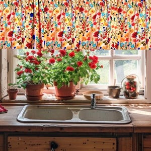 Vintage Floral Kitchen Valance: Red Retro Farmhouse Curtain (42"W x 14"L)