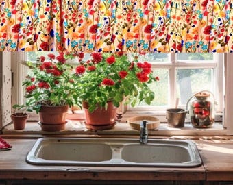 May include: A gathered window valance featuring a vibrant floral pattern with red, yellow, and blue wildflowers on a cream background. The fabric is pleated at the top and hangs above a kitchen sink area with potted red geraniums on the windowsill.