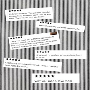 Pode incluir: Uma cole&ccedil;&atilde;o de seis avalia&ccedil;&otilde;es de clientes de cinco estrelas exibidas em um fundo de tecido listrado vertical cinza e branco. O texto inclui frases como Well made curtains, Very well made e Excellent quality, hand sewing in perfect.