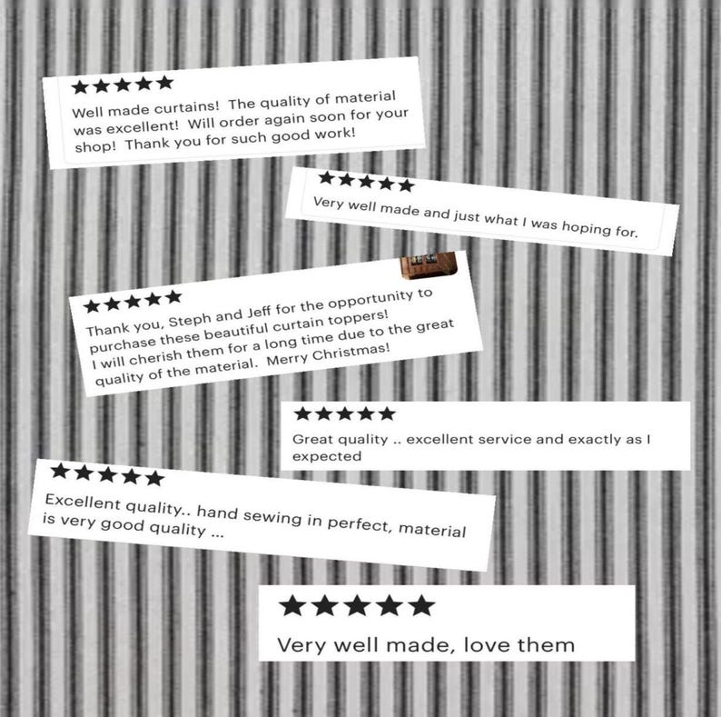 Pode incluir: Uma cole&ccedil;&atilde;o de seis avalia&ccedil;&otilde;es de clientes de cinco estrelas exibidas em um fundo de tecido listrado vertical cinza e branco. O texto inclui frases como Well made curtains, Very well made e Excellent quality, hand sewing in perfect.