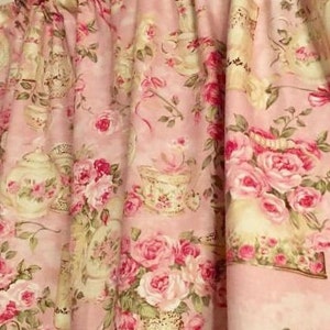 Pink Roses Teacup Curtain Panels Shabby Chic with Tiebacks 43"Wide x 24"L or 36"L or 45" or 54" or 63" or 72" or 84" Long