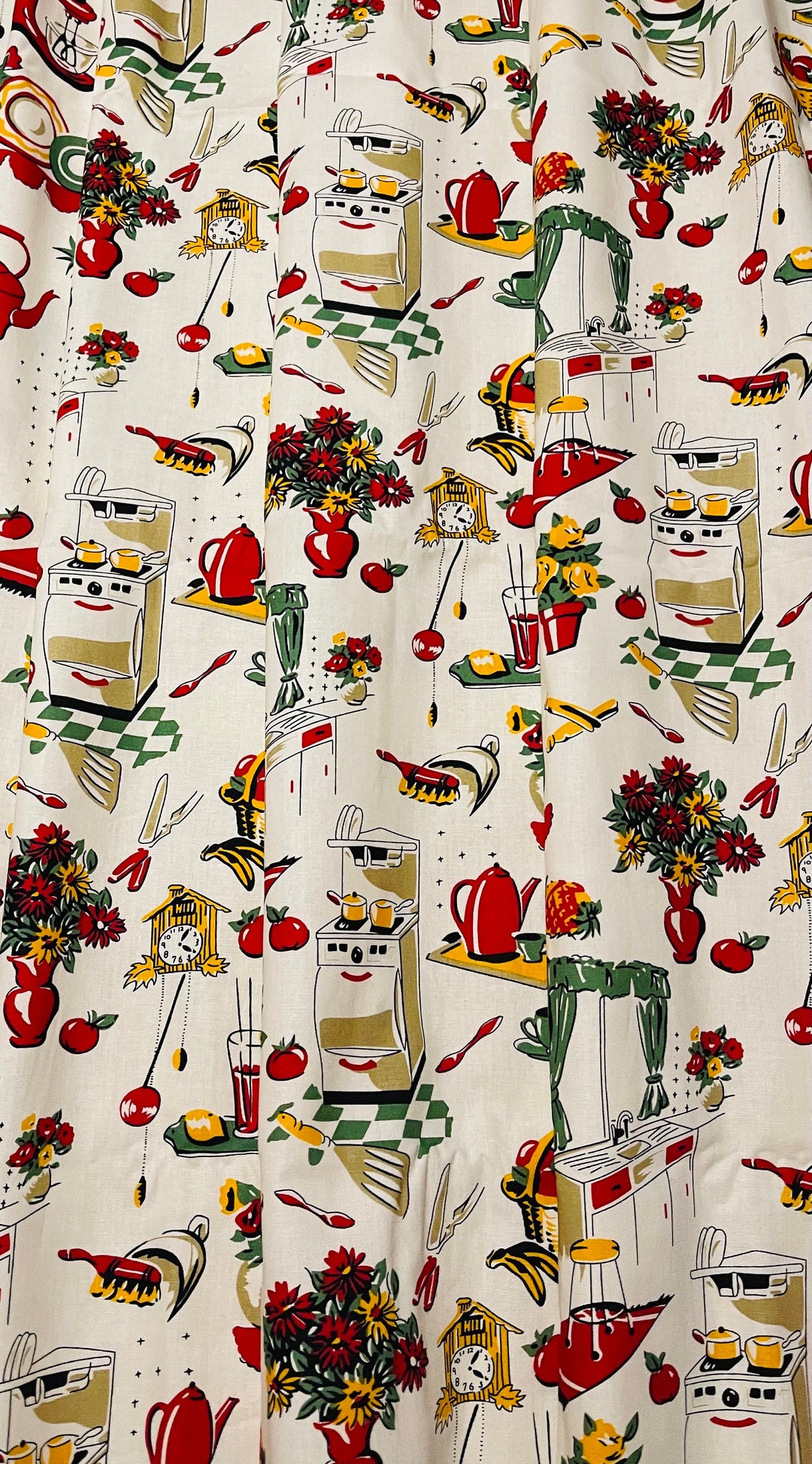 Curtains Green Avocado Vintage Kitchen Panels Retro Red Cream Curtain ...