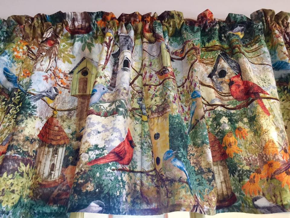 Woodland Birdhouses Valance Rustic Nature Print Farmhouse Kitchen Curtain