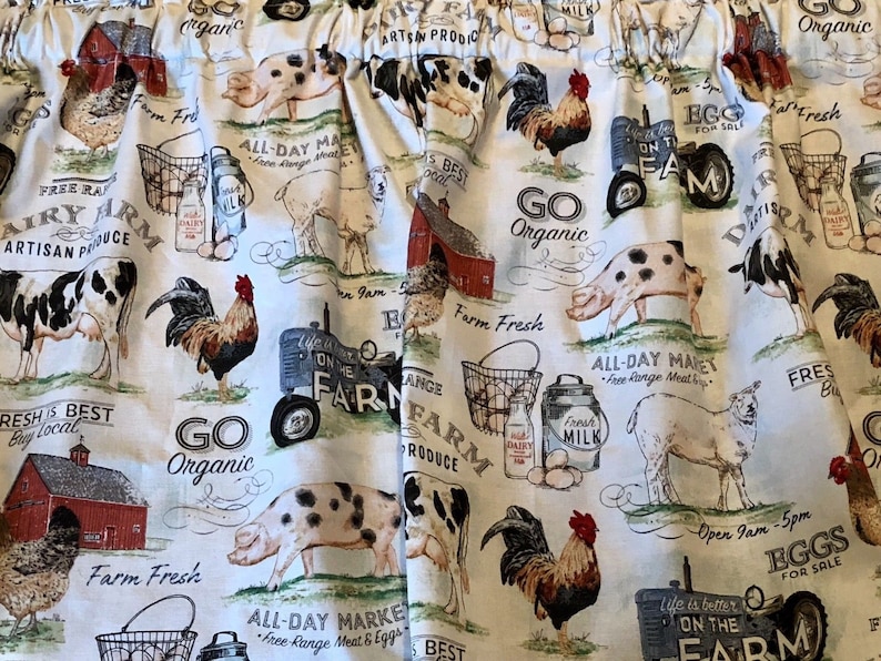 Farmhouse Lover Curtains: Pigs, Cows, Chickens, Tractor Print with Tiebacks bild 10