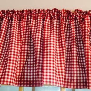 Red Gingham Kitchen Valance: Handmade Cotton Cottage Decor (43&quot;W x 14&quot;L)