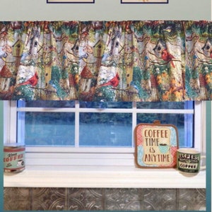 Farmhouse Decor, Winter, Valance, Birds, Birdhouses, Red Cardinal, Bluebird, Window, Curtain Valance, 43"W x 15L ,Free Shipping