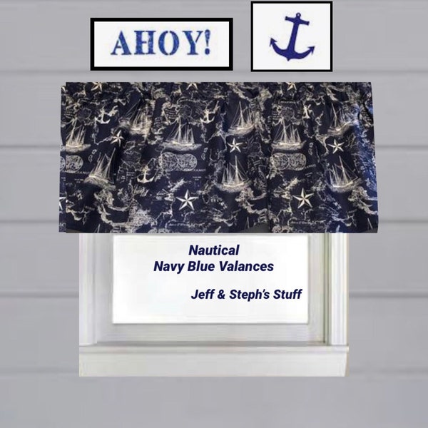 Navy, Window Curtain Valance, Map, Nautical 43"W x 14/15"L free shipping