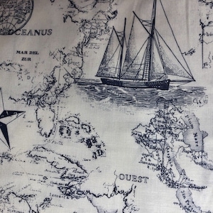 Nautical Map Curtains: Coastal Navy Blue & White, 2 Panels