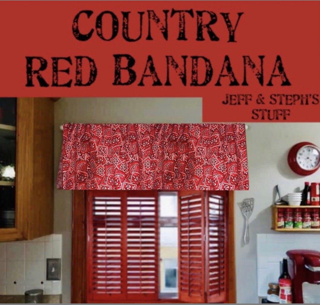 Farmhouse Valance, Red Bandana Country Patchwork Look Cotton Window