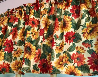 Summer Sunflowers, Kitchen Valance Harvest Gold Sunflower Cream Background Window Curtain Valance 43"W x 14"L