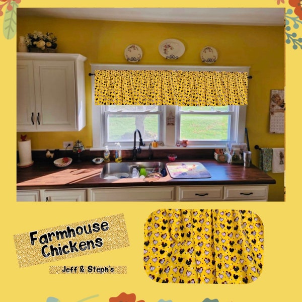 Yellow Kitchen Farmhouse Valance Country Chicken Hen Rooster Window Curtain Valance 43"W x 14L Gift for Chicken Lover Free Shipping