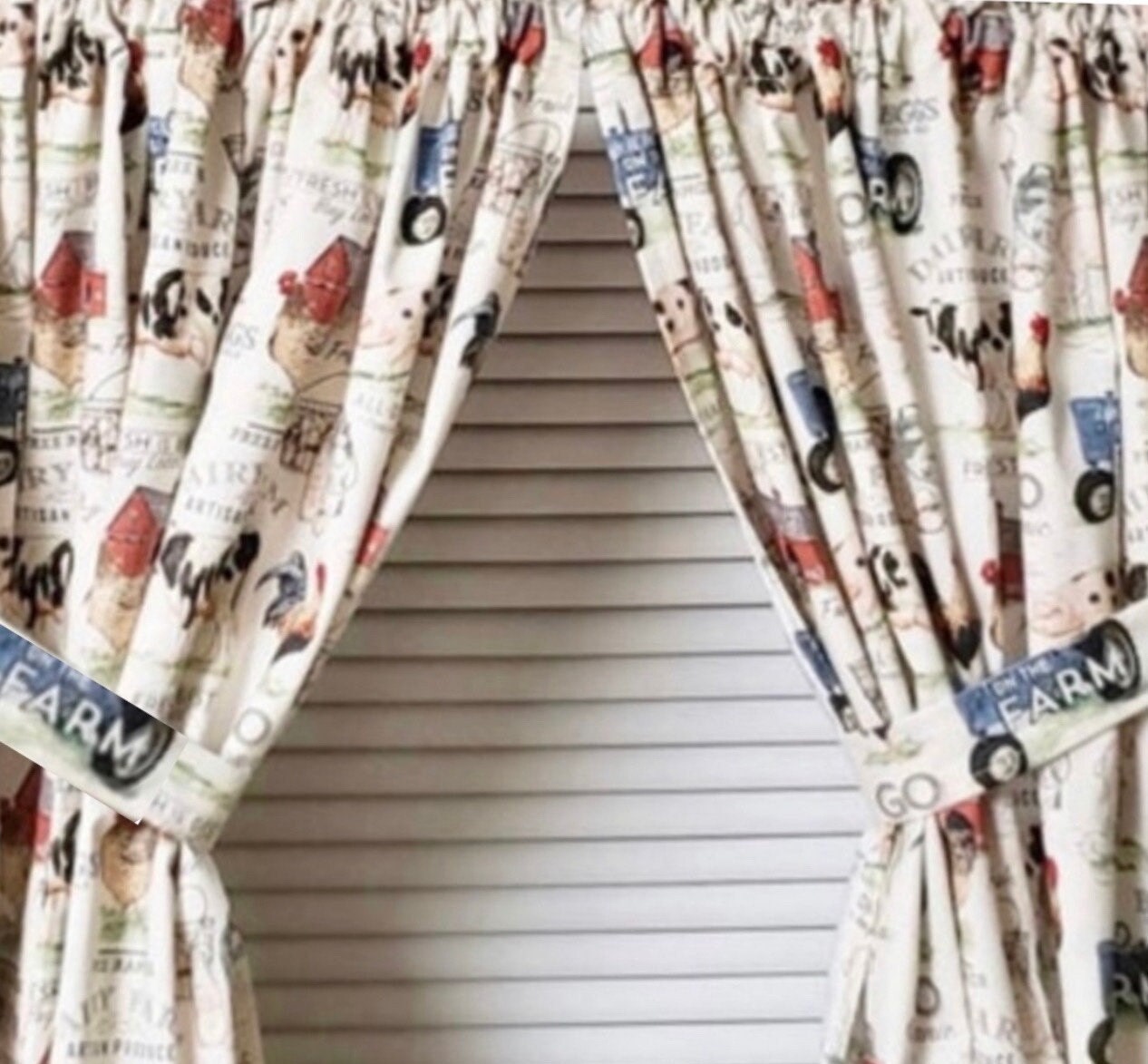 Farmhouse Curtain Tiers: Farm Animal Print, Handmade with Tiebacks