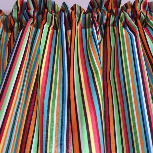 Colorful Fiesta Valance, Bright Orange, Blue, Yellow, Green, Stripes, Fun Window Curtain, Cheerful Topper, 43"W x 14"L, Gift idea, Free Ship