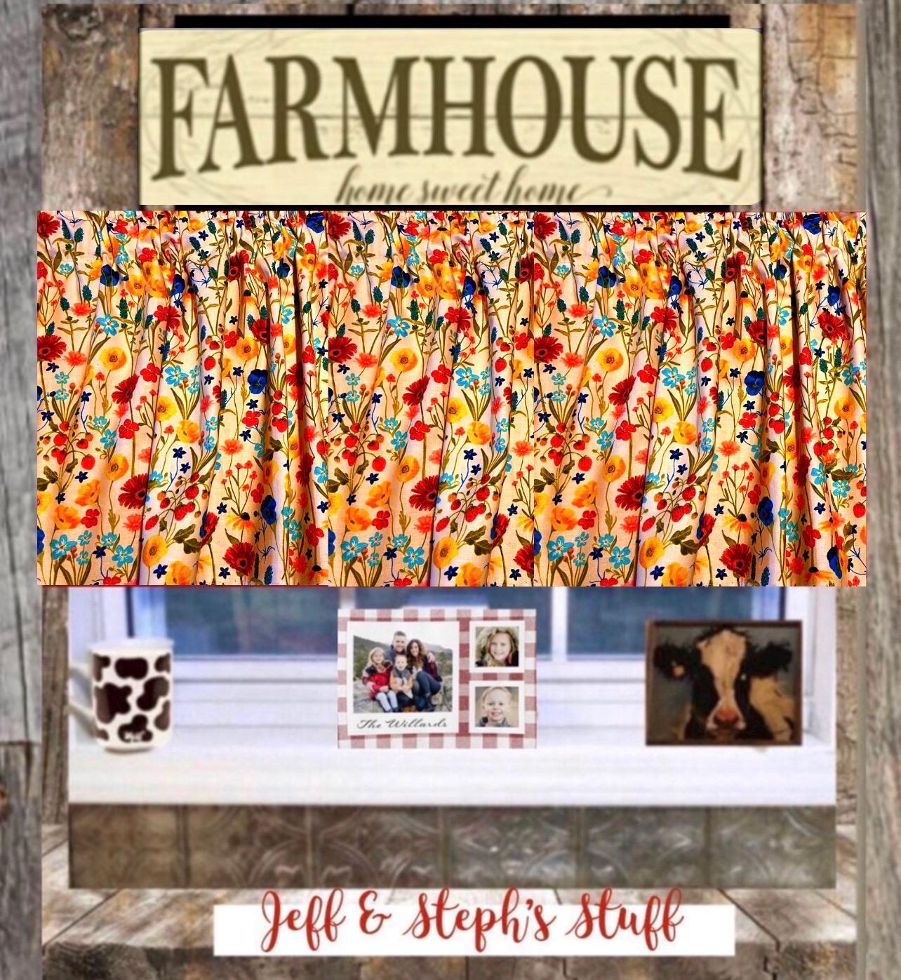 Wildflower Valance Farmhouse Floral Cotton Curtain, Cottage Decor | 42"Wx14"L