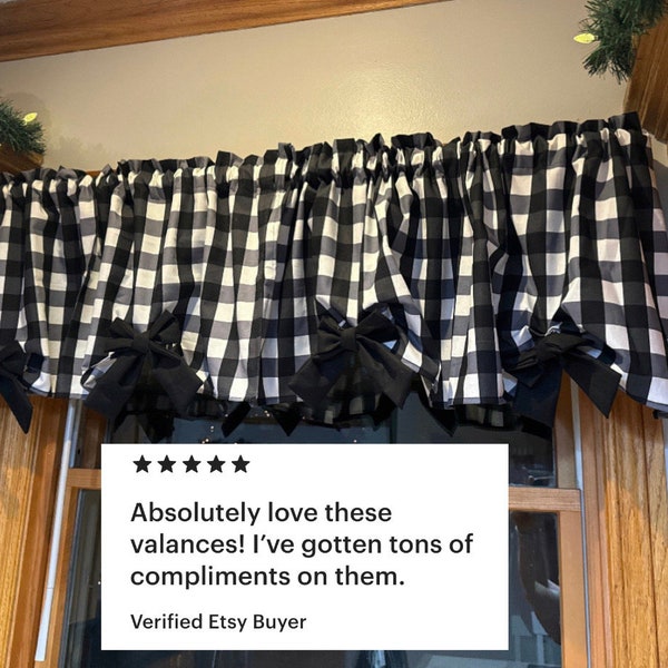 So Cute! Black and White Buffalo Plaid Valance 1” Black Checks with Removable Bows Valance, 43”W x 14L, Window Curtain, Free Ship, Gift Idea