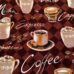 May include: A fabric pattern featuring various coffee drinks like mocha, cappuccino, and espresso, along with coffee beans. The design is set against a brown and dark red checkered background, with the coffee names written in a cursive font.