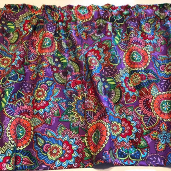 Boho Purple Hippie Floral Curtain Tiers or Panels with Tiebacks 43"wide x 24" Long (Longer options available)