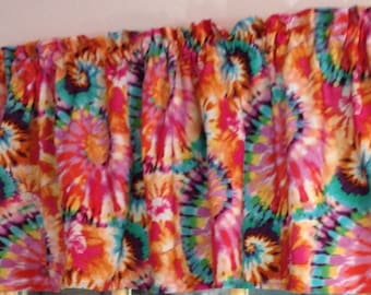 Summer Boho Valance, Hippie Decor, Retro, Tie Dye, Window, Curtain Valance,  43"W x 14/15"L