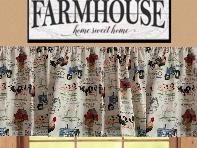Farmhouse Lover Curtains: Pigs, Cows, Chickens, Tractor Print with Tiebacks bild 18