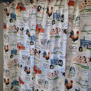 Farmhouse Curtains, Panels, Farm Animals, Curtain Tiers, with Tiebacks, 43"wide x 24" Long, (Longer options available), Pigs, Cows,Barn