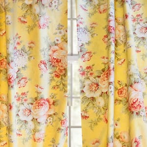 Floral Curtain Panel: Yellow Shabby Chic Pink Roses, Romantic Vintage Style