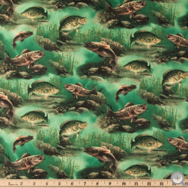 Fish, Fishing, River, Cotton Fabric, Fat Quarter, 18”x 21”, Quilting, Crafting, Sewing, Free Shipping