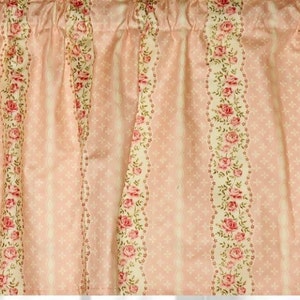 Pink Roses Valance: Shabby Chic Scalloped Curtain Panels