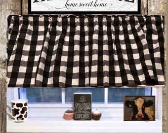 Black White Plaid Buffalo Check, Farmhouse  Valance, 1” Checks, ask for Removable Bows Valance 43”W x 14/15"L,  Window Curtain Free Shipping