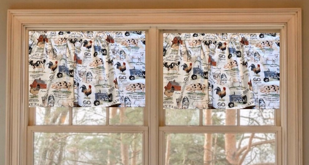 Rustic Primitive Valance Dairy Farm Barn Cow Rooster Sheep 42"W14"L Window Curtain Cotton Country Life For A Gal Gift Idea Free Ship