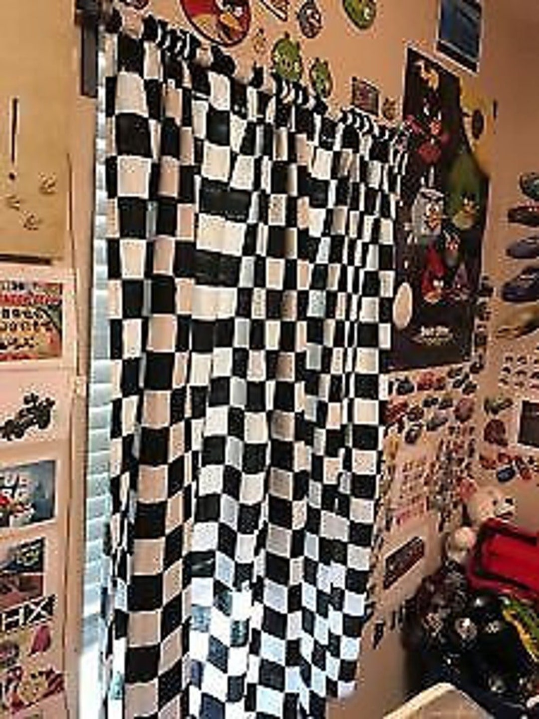 Curtain Panels Nascar Checkered Flag Curtains With Tiebacks 43wide X 24l or 36l or 45 or 54 or
