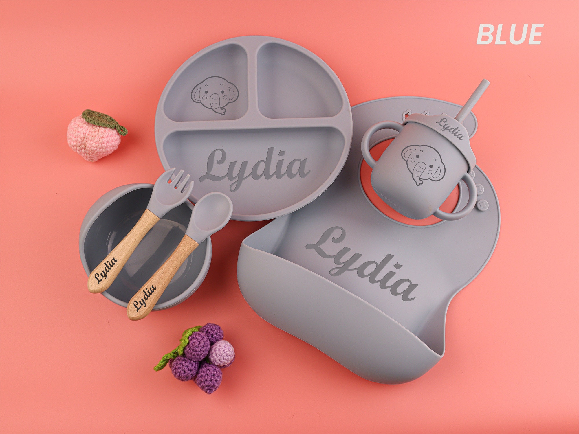 Personalized Silicone Baby Weaning Set，Silicone Dinnerware Set，Baby Shower Gift，Feeding Set with Name，Engraved Weaning Set for Toddler Baby