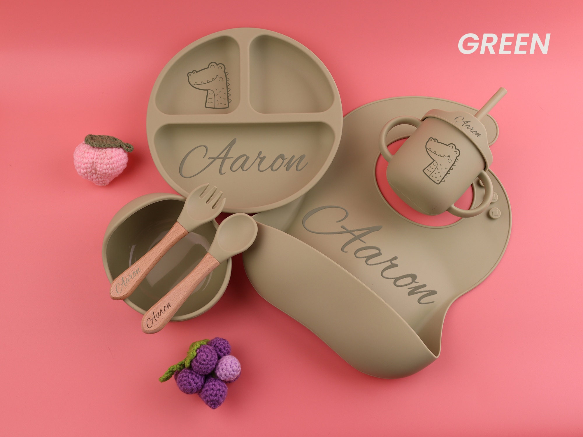 Personalized Silicone Baby Weaning Set，Silicone Dinnerware Set，Baby Shower Gift，Feeding Set with Name，Engraved Weaning Set for Toddler Baby
