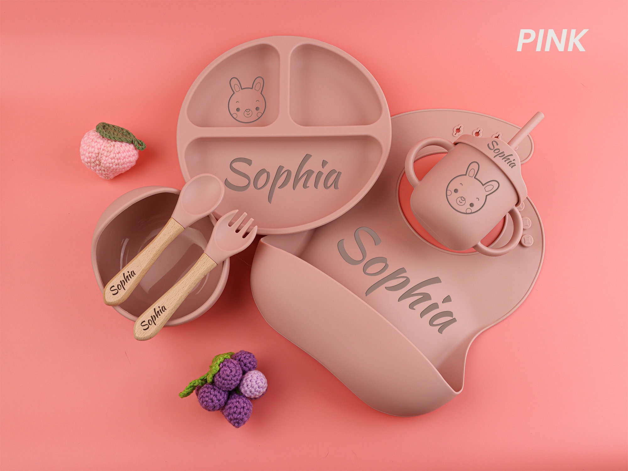 Personalized Silicone Baby Weaning Set，Silicone Dinnerware Set，Baby Shower Gift，Feeding Set with Name，Engraved Weaning Set for Toddler Baby