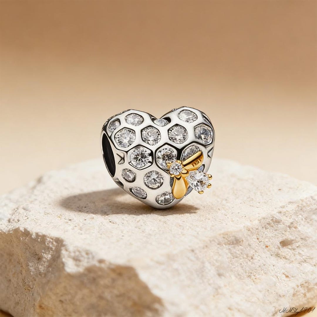 Sterling Silver Pandora Bridgerton Honeycomb Bee Heart Charm With