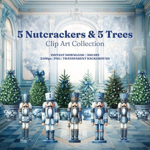 May include: Five blue and white nutcracker figurines stand in front of five blue and white Christmas trees. The nutcrackers are wearing traditional costumes and holding a nutcracker tool. The trees are decorated with blue and white baubles. The background is a blue and white room with a chandelier.