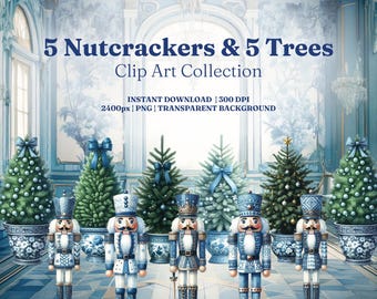 May include: Five blue and white nutcracker figurines stand in front of five blue and white Christmas trees. The nutcrackers are wearing traditional costumes and holding a nutcracker tool. The trees are decorated with blue and white ornaments. The background is a blue and white room with a chandelier.