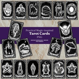 Puede incluir: Una colección de cartas de tarot en blanco y negro con ilustraciones detalladas y títulos como The Future, The House, The Familiar, The Breakfast, The Cauldron, The Coven, The Belladonna, The Blood, The Sisters, The Croaked, The Cups, The Flight, The Spell, The Ancestor, The Luck, The Omen, The Pancakes y The Star.