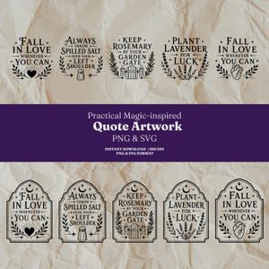 May include: A collection of five black graphic designs on a textured beige background. The designs feature phrases like Fall in Love Whenever You Can, Always Throw Spilled Salt Over Your Left Shoulder, Keep Rosemary By Your Garden Gate, and Plant Lavender For Luck.